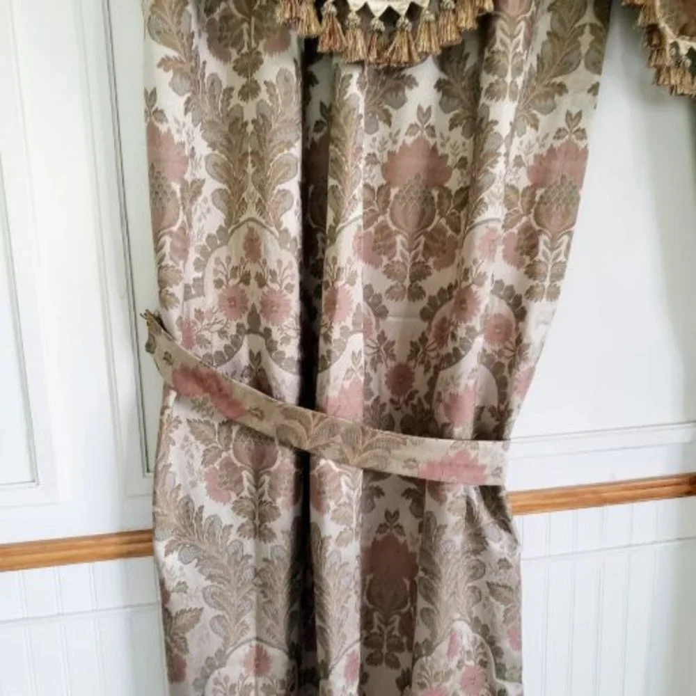 JC Penney Drapes Waterfall Valances 100Wx85L Tan Floral Jacquard Lined Vtg 7pcs